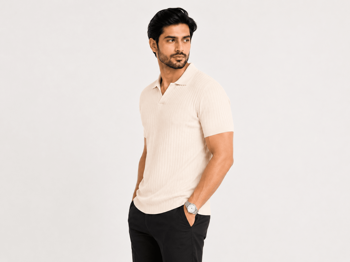 Bone White - Knitted Polo ShirtHalf Sleeves PoloGarderobe Clothing