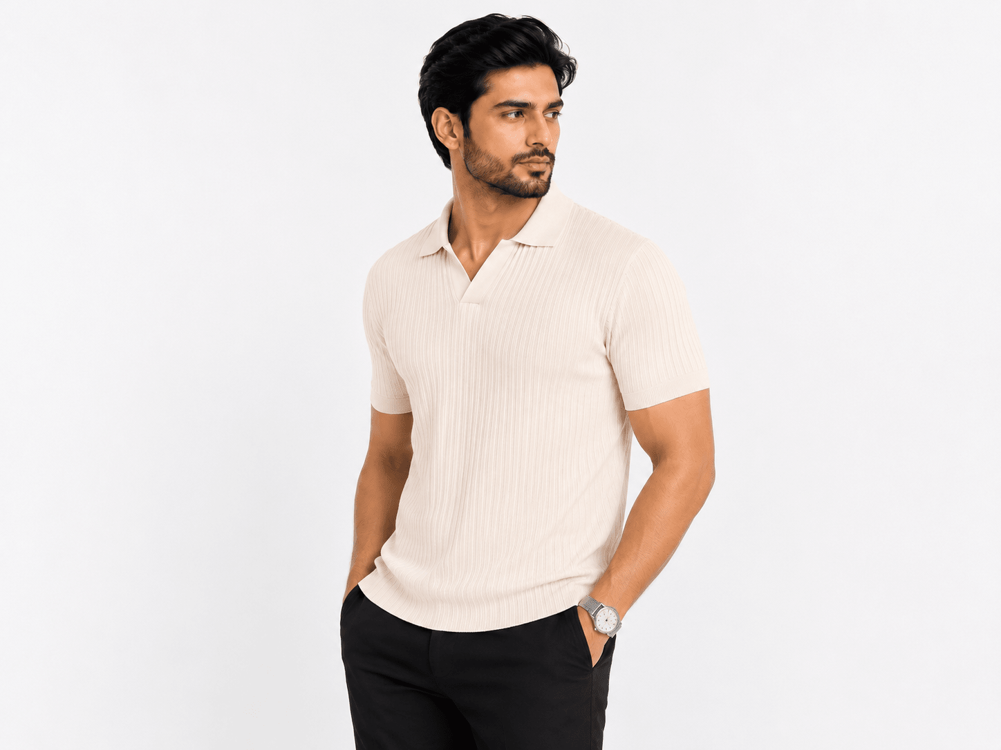 Bone White - Knitted Polo ShirtHalf Sleeves PoloGarderobe Clothing