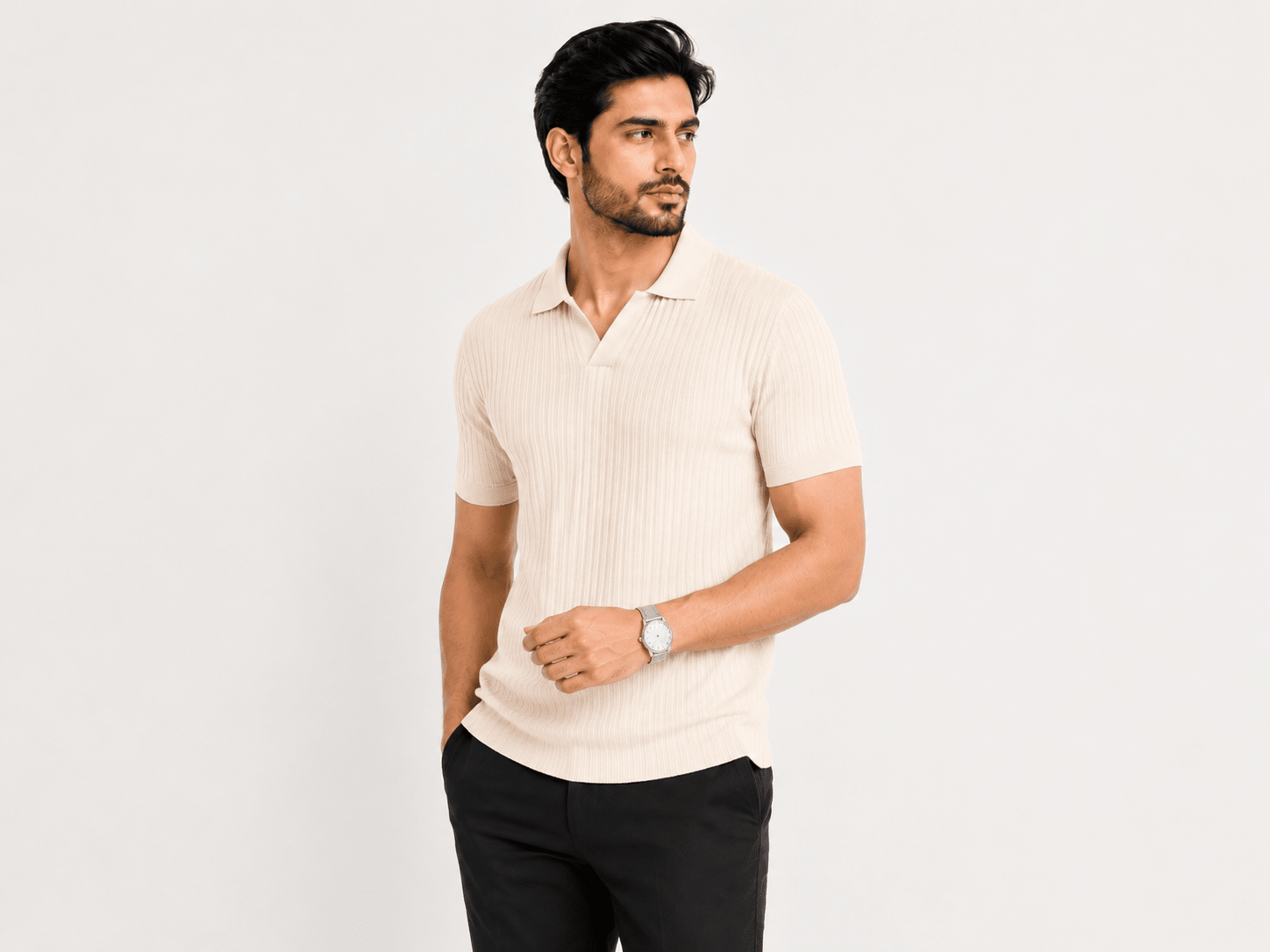 Bone White - Knitted Polo ShirtHalf Sleeves PoloGarderobe Clothing