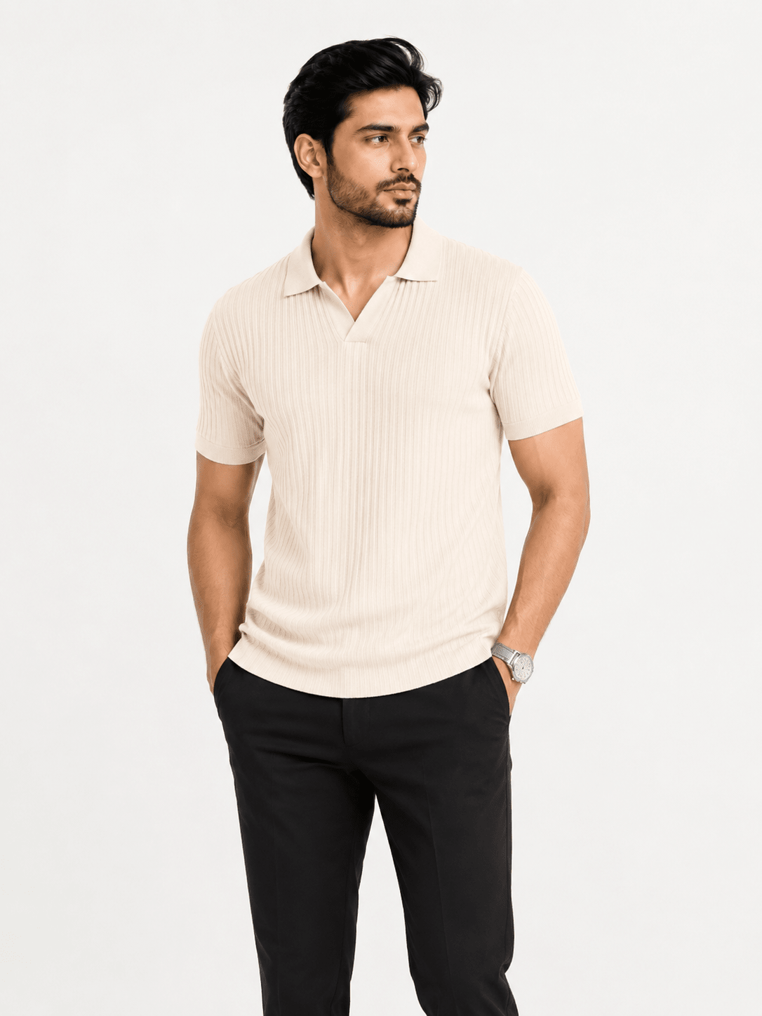 Bone White - Knitted Polo ShirtHalf Sleeves PoloGarderobe Clothing