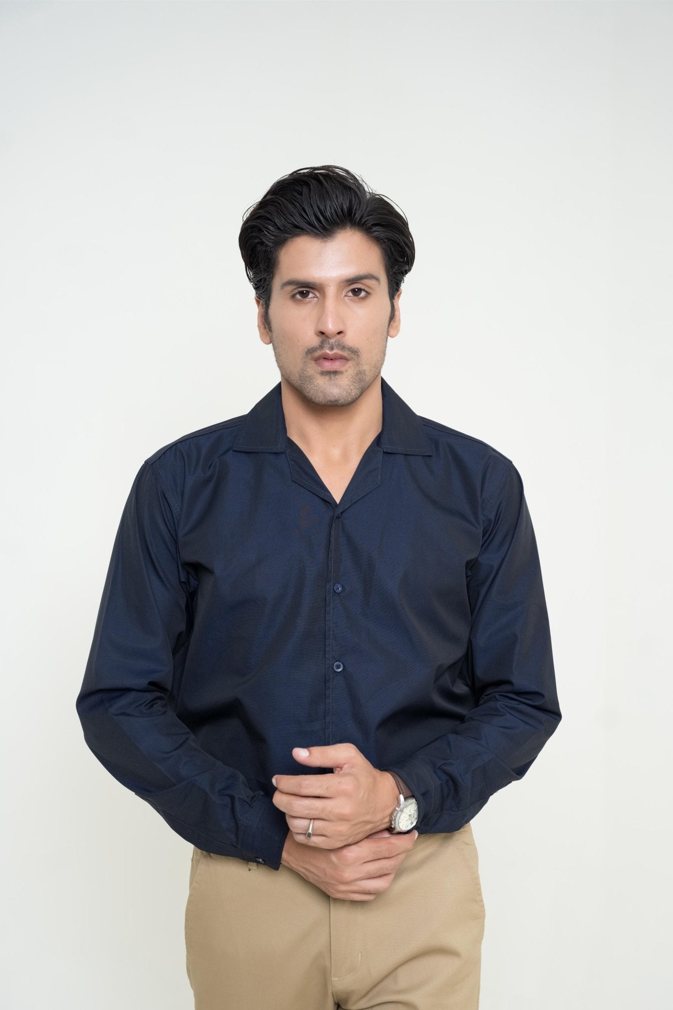 Dark Blue Cuban Collar ShirtshirtGarderobe Clothing