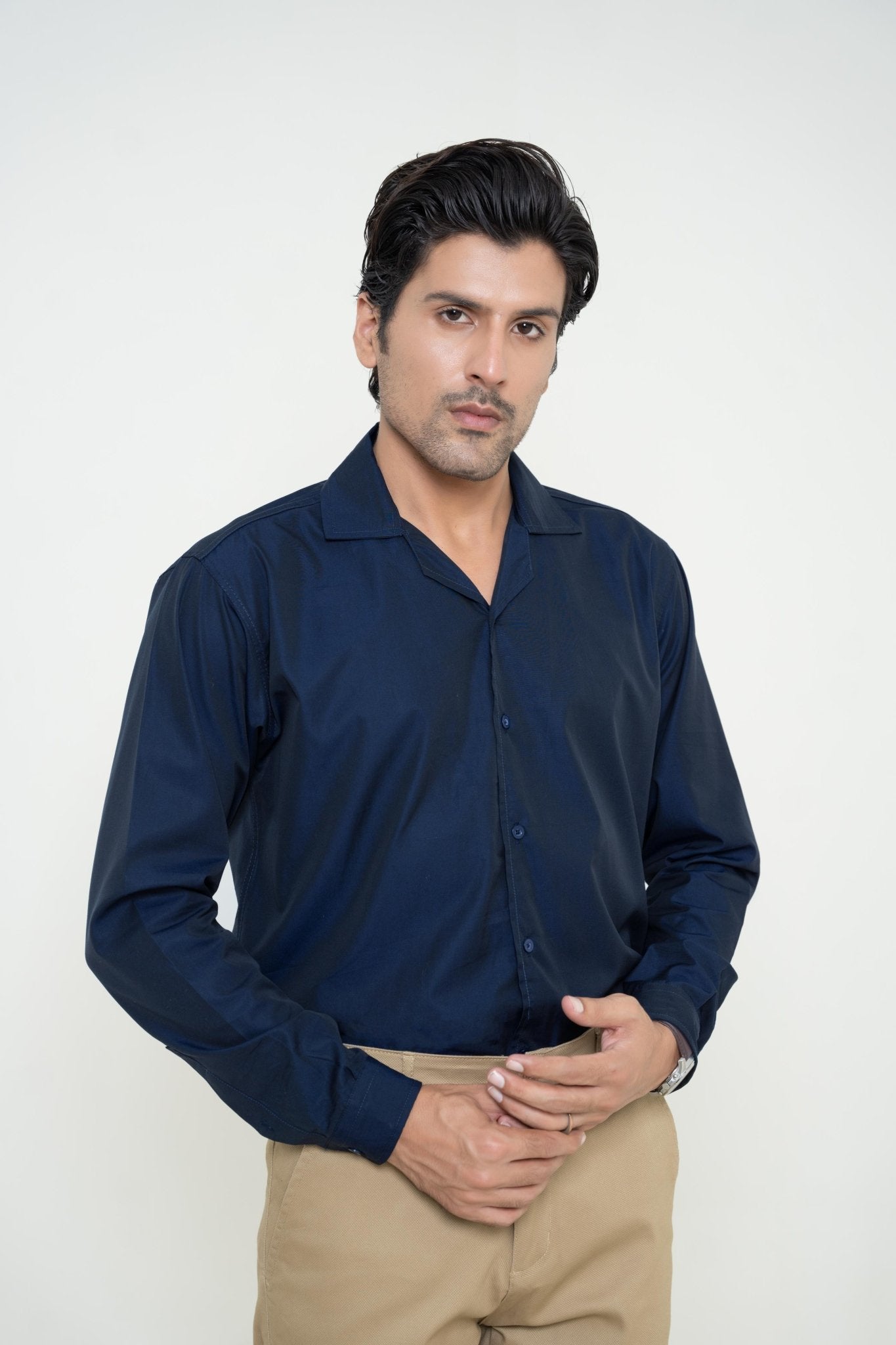 Dark Blue Cuban Collar ShirtshirtGarderobe Clothing