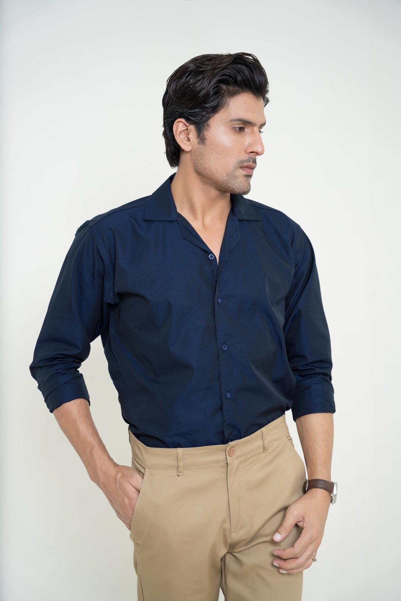 Dark Blue Cuban Collar ShirtshirtGarderobe Clothing