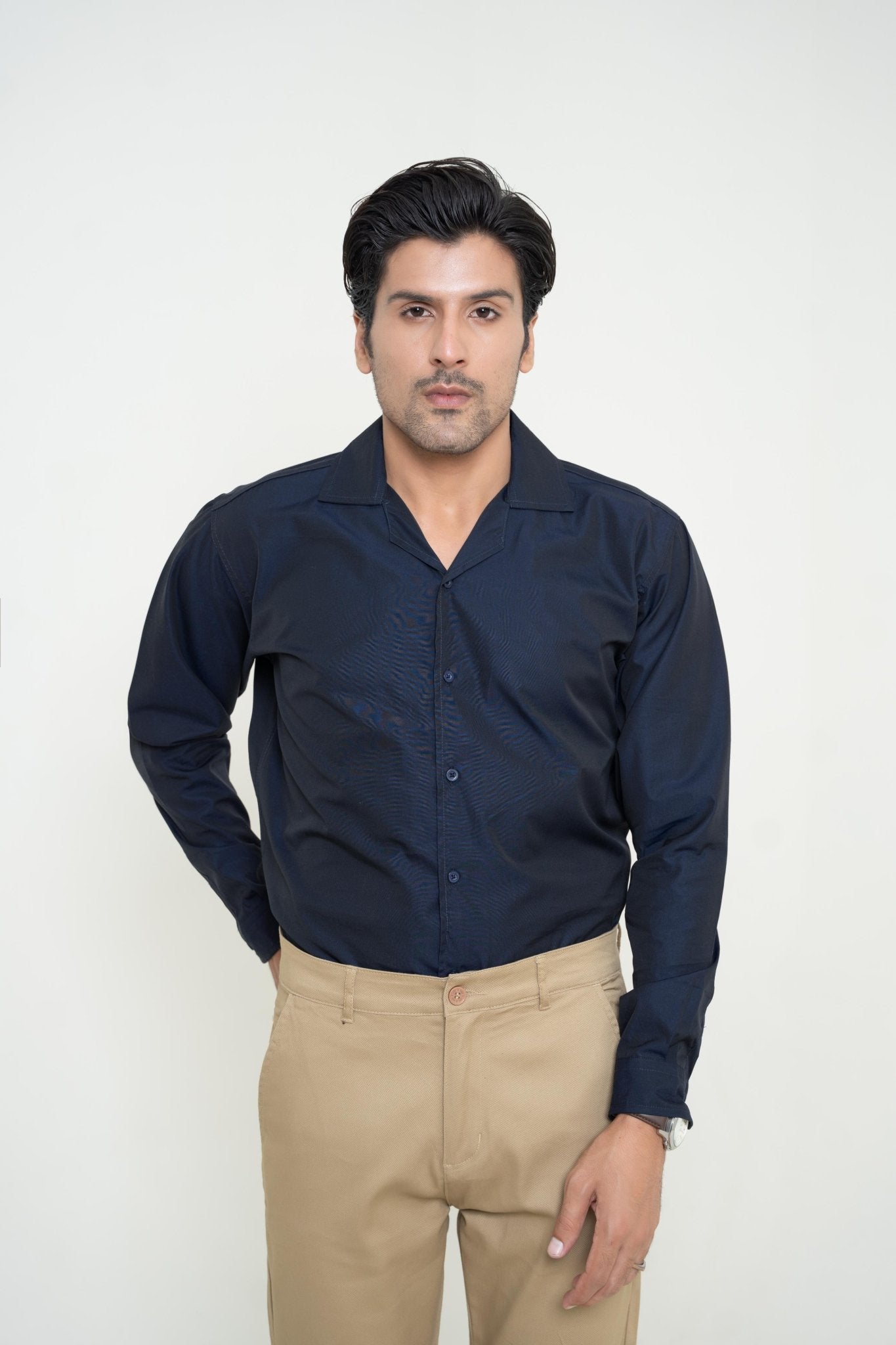 Dark Blue Cuban Collar ShirtshirtGarderobe Clothing