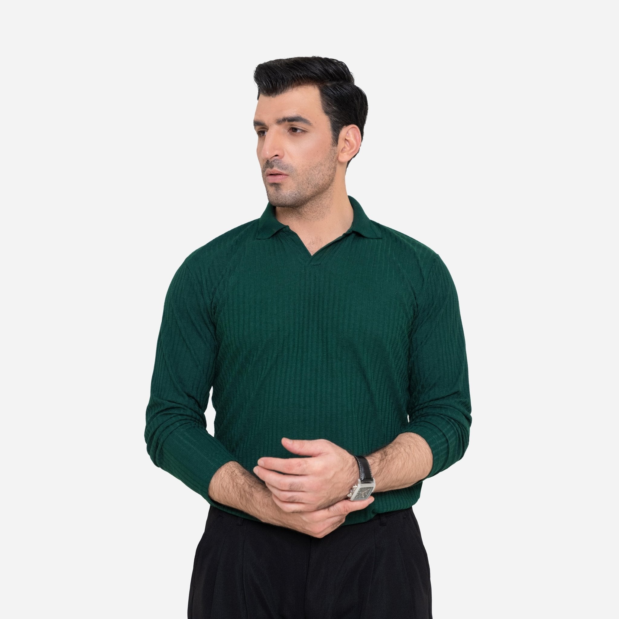 Full Sleeve Green Polo Shirt - KnittedshirtGarderobe Clothing