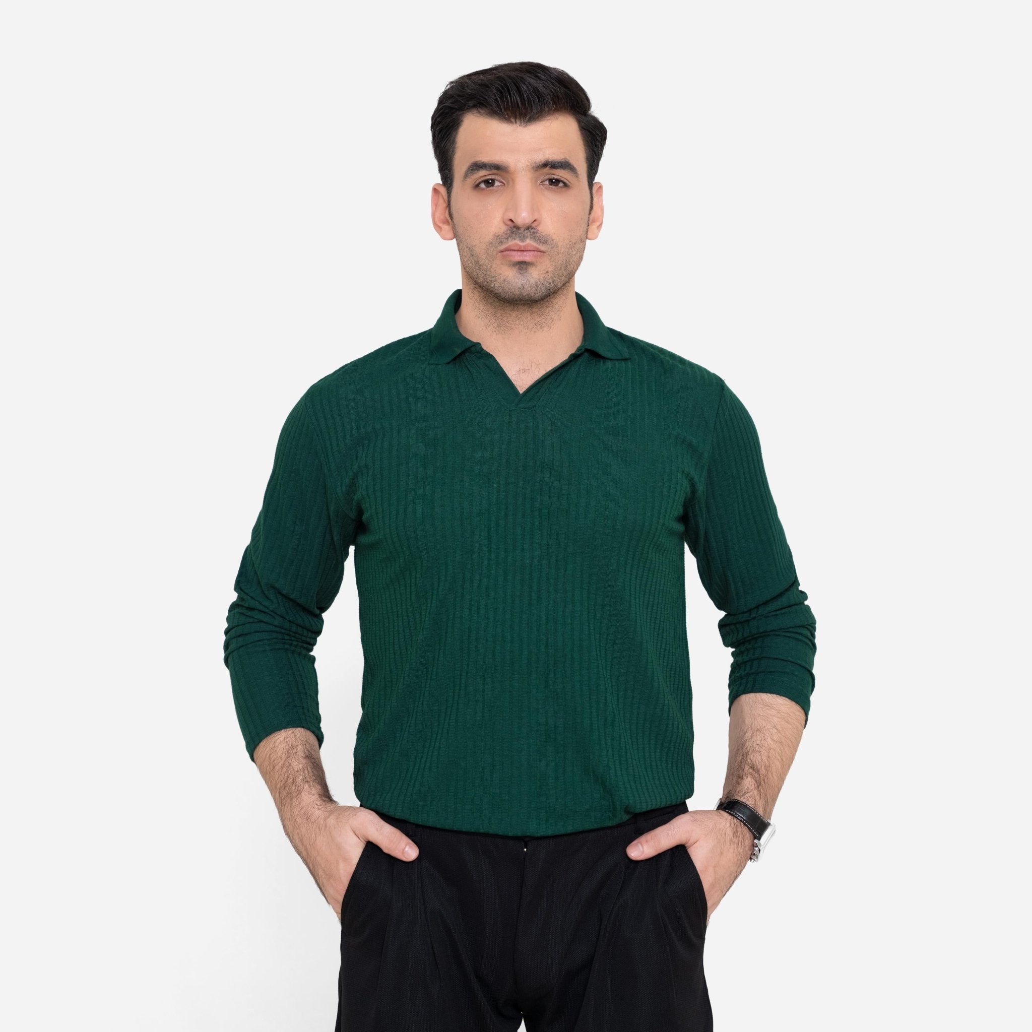 Full Sleeve Green Polo Shirt - KnittedshirtGarderobe Clothing