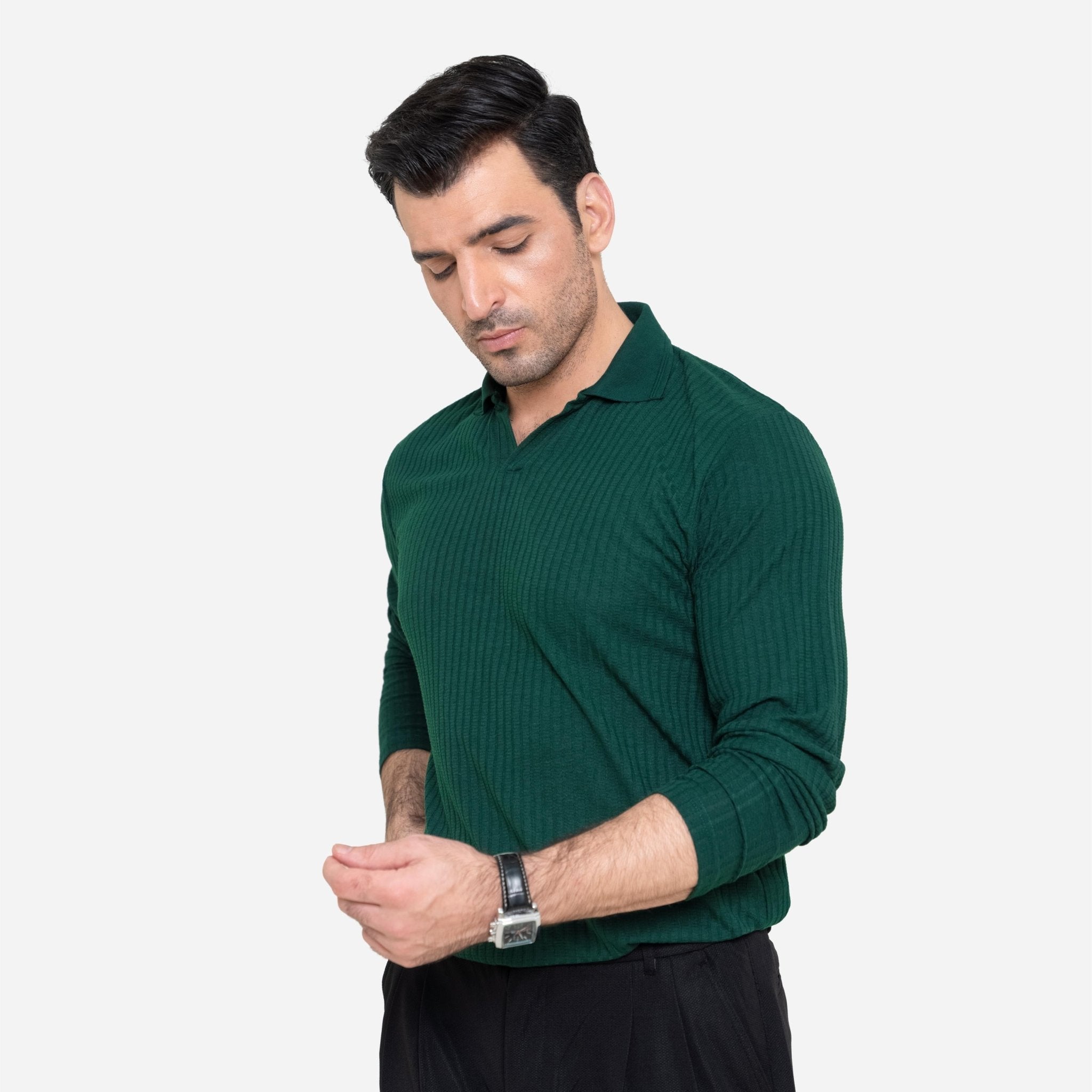 Full Sleeve Green Polo Shirt - KnittedshirtGarderobe Clothing