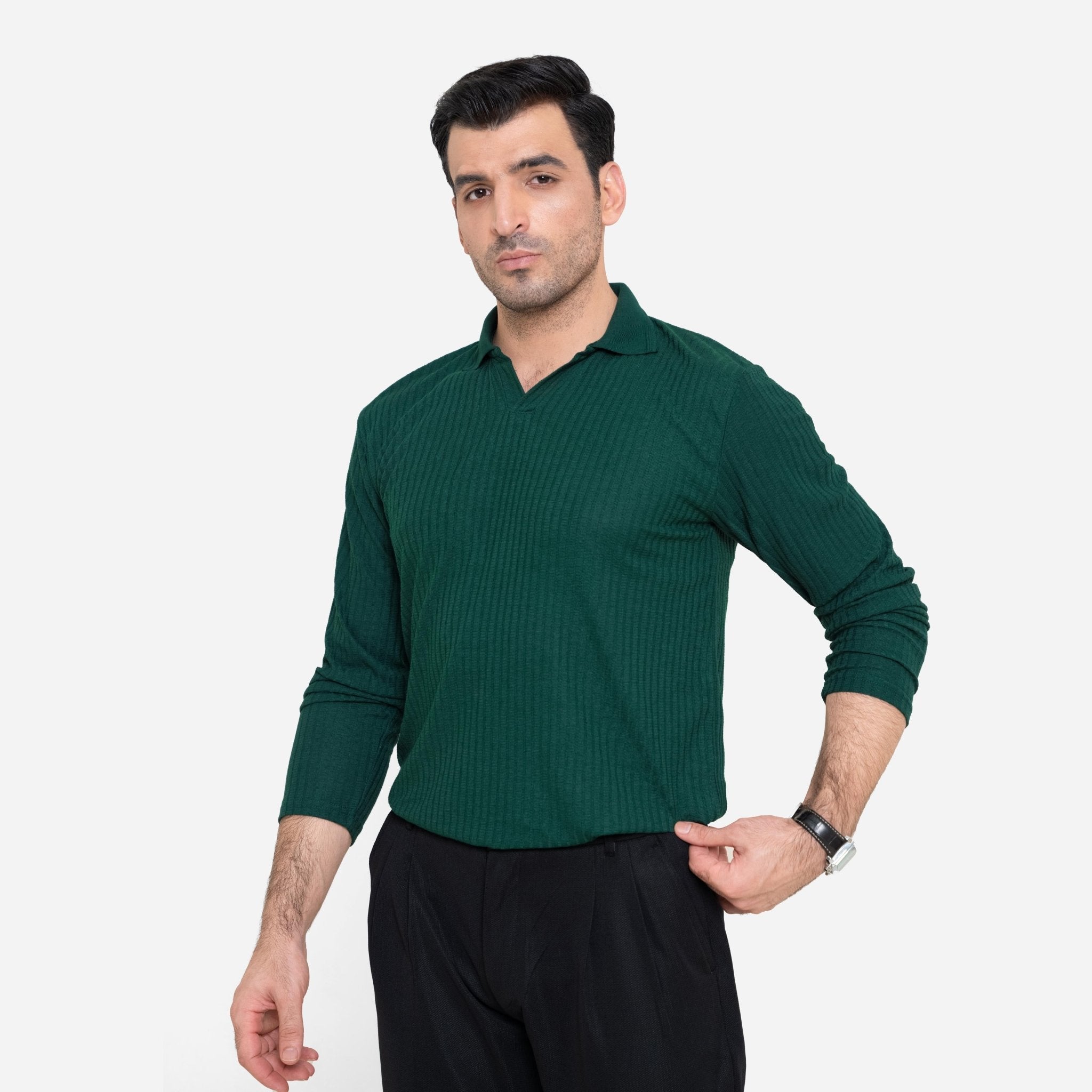 Full Sleeve Green Polo Shirt - KnittedshirtGarderobe Clothing