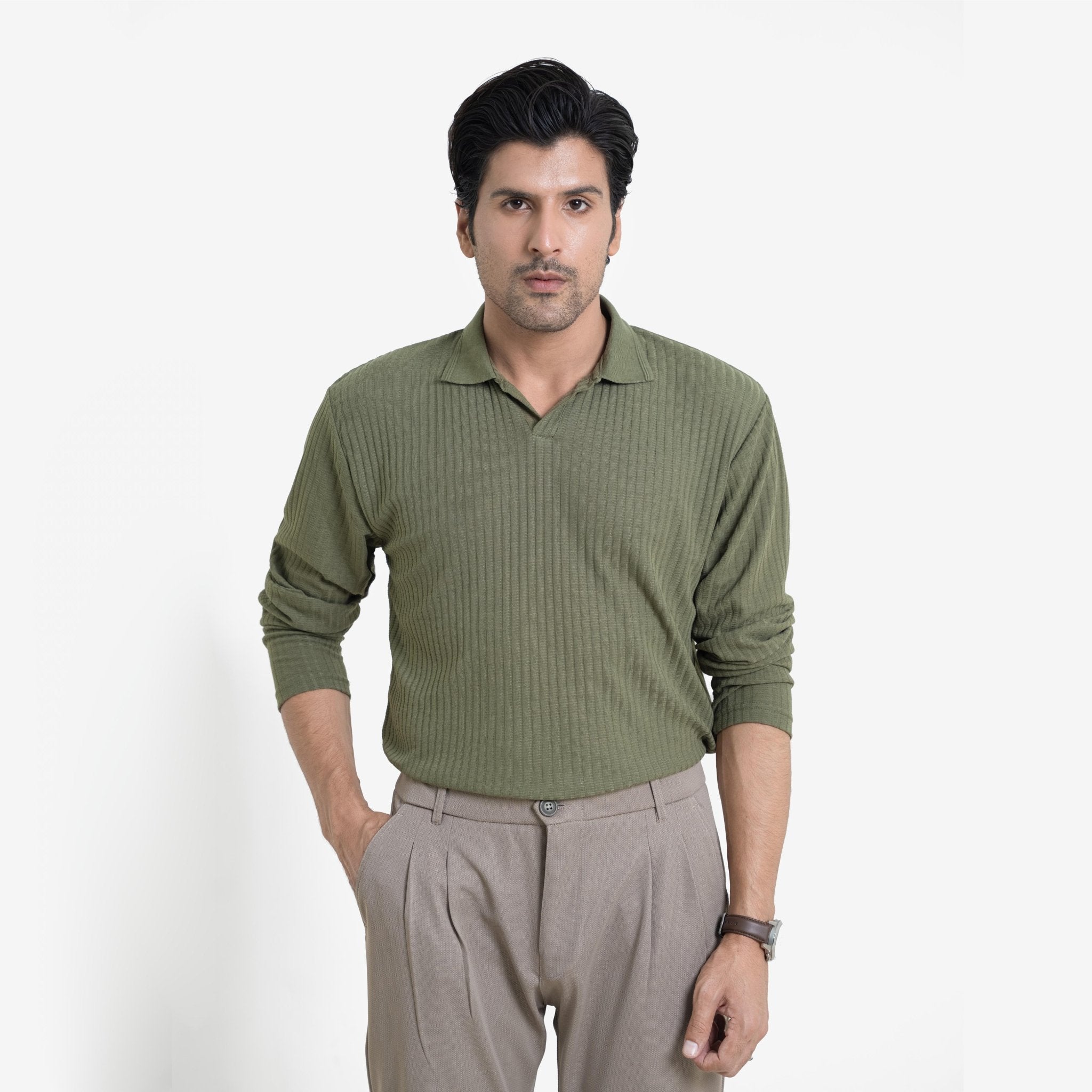 Full Sleeve Matcha Polo Shirt - KnittedshirtGarderobe Clothing