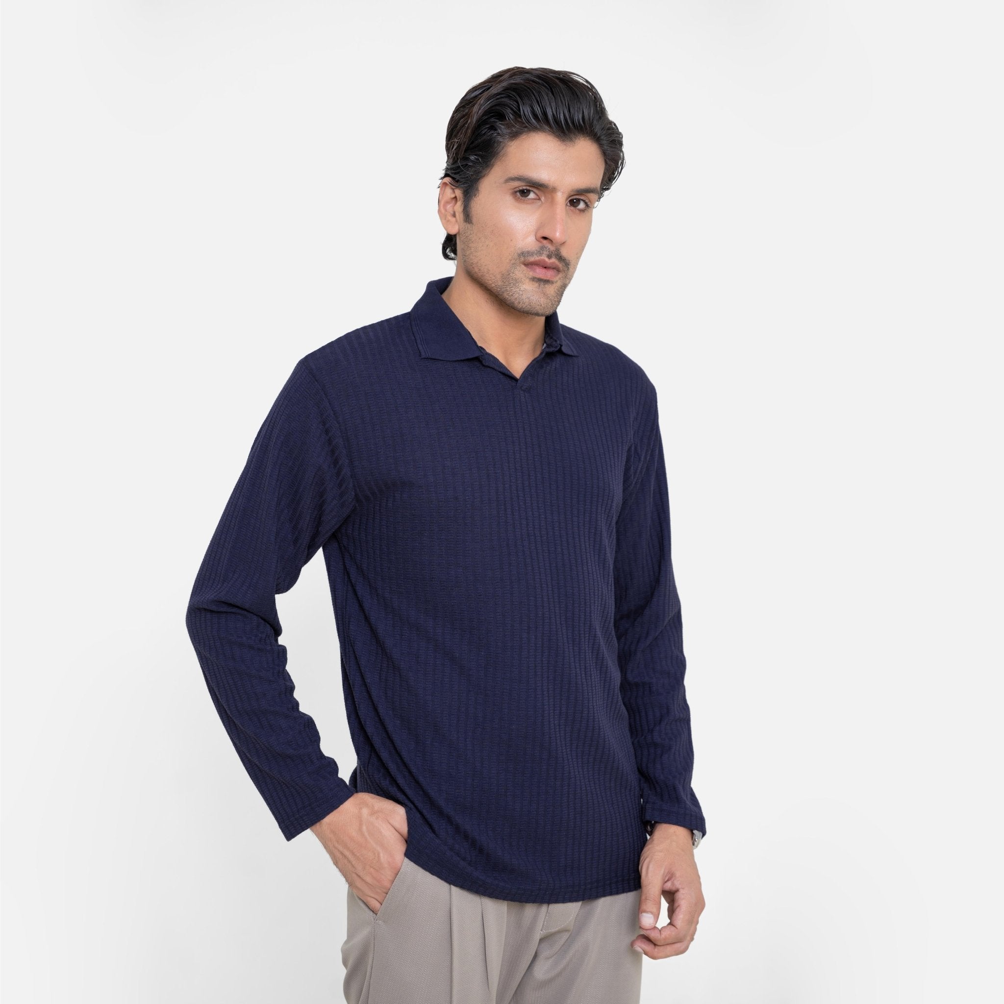 Full Sleeve Navy Polo Shirt - KnittedshirtGarderobe Clothing