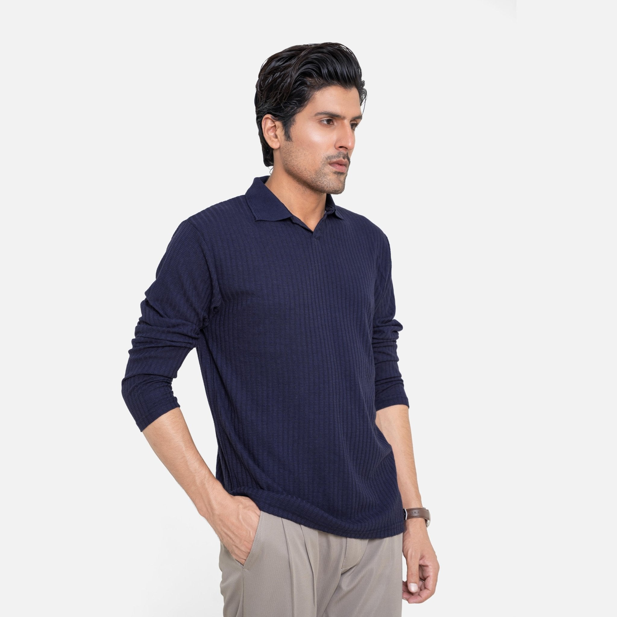 Full Sleeve Navy Polo Shirt - KnittedshirtGarderobe Clothing