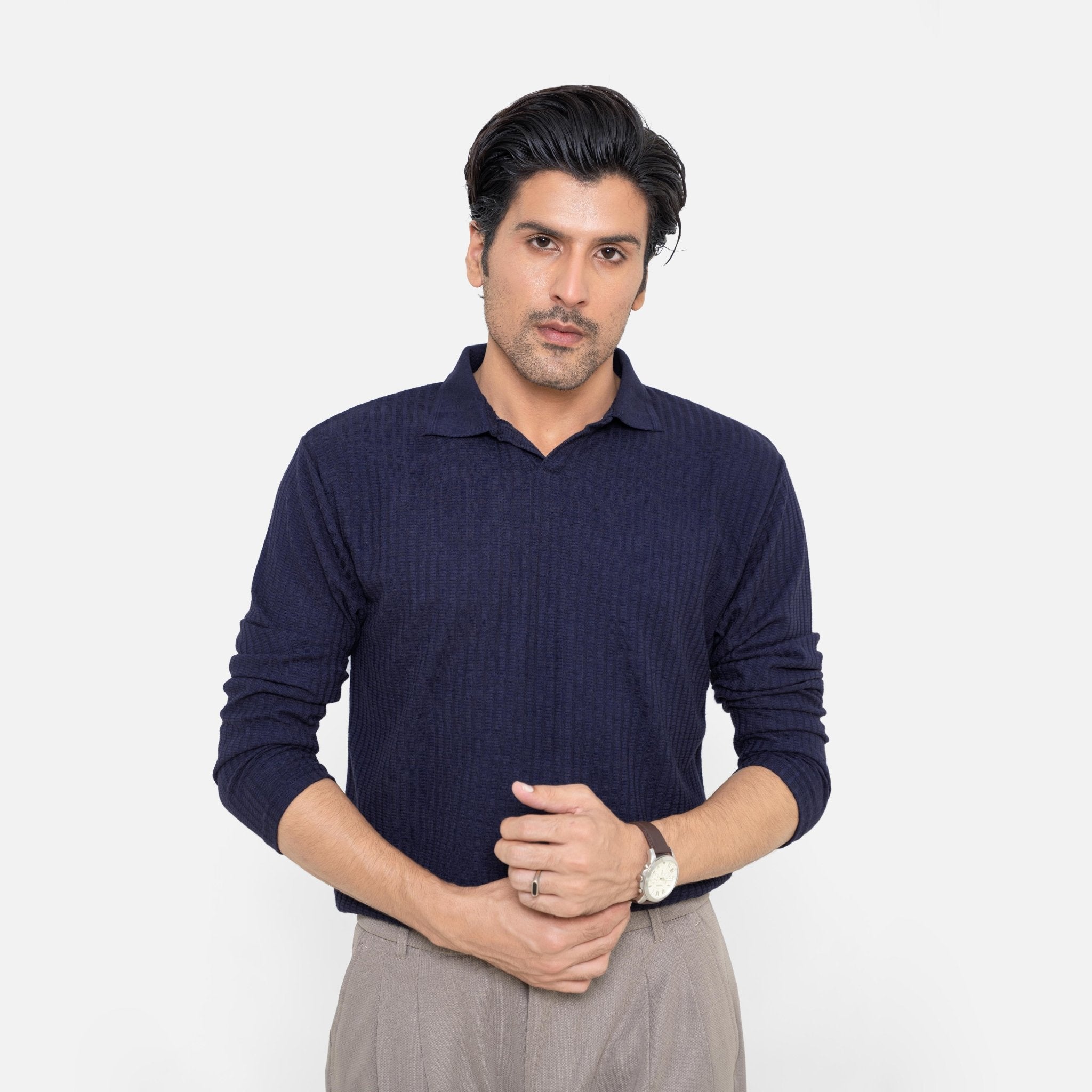 Full Sleeve Navy Polo Shirt - KnittedshirtGarderobe Clothing