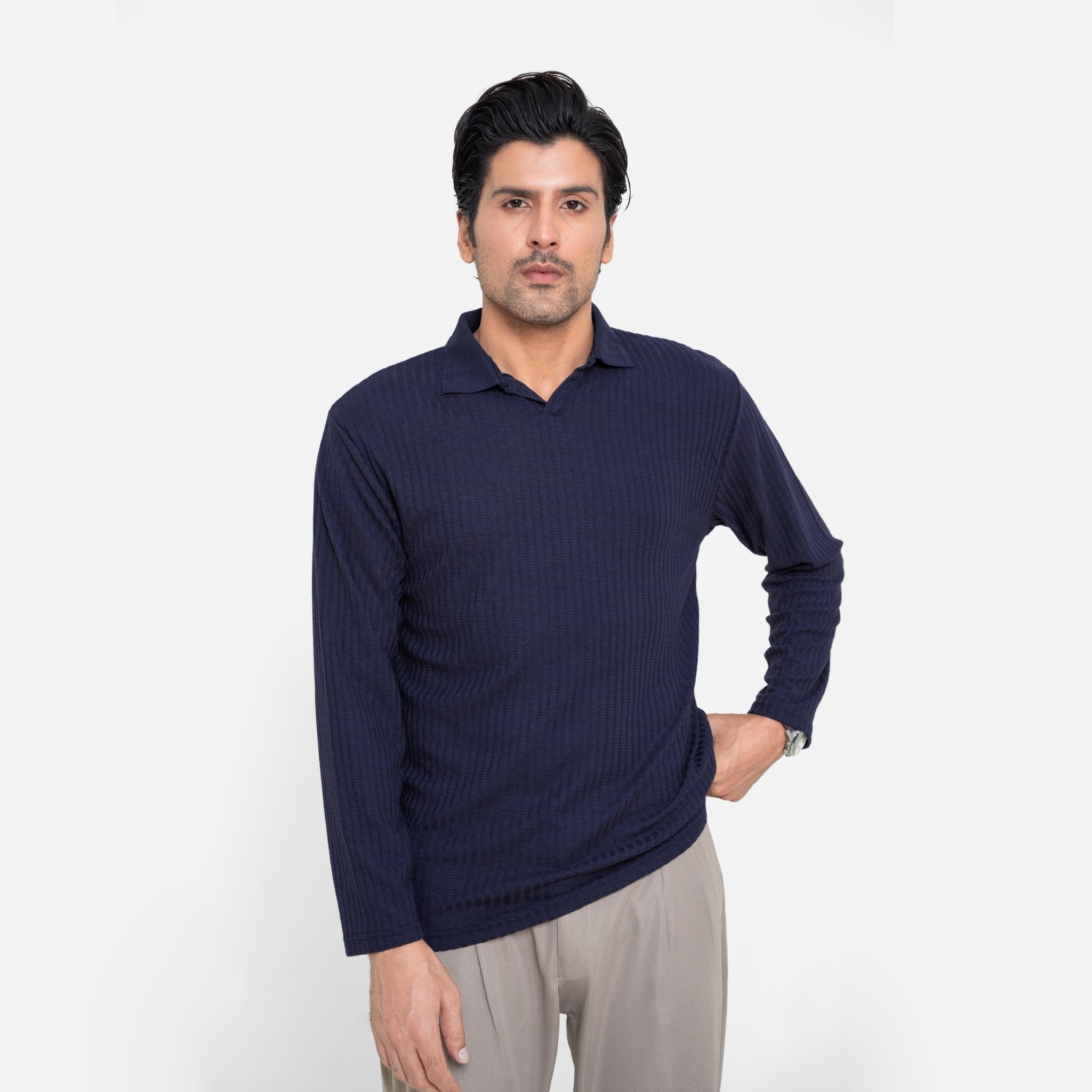 Full Sleeve Navy Polo Shirt - KnittedshirtGarderobe Clothing