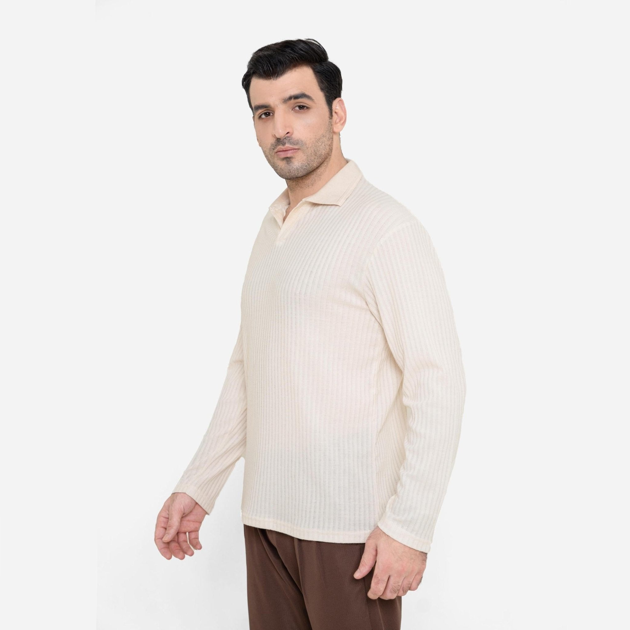 Full Sleeve Royal Creamy Polo Shirt - KnittedshirtGarderobe Clothing