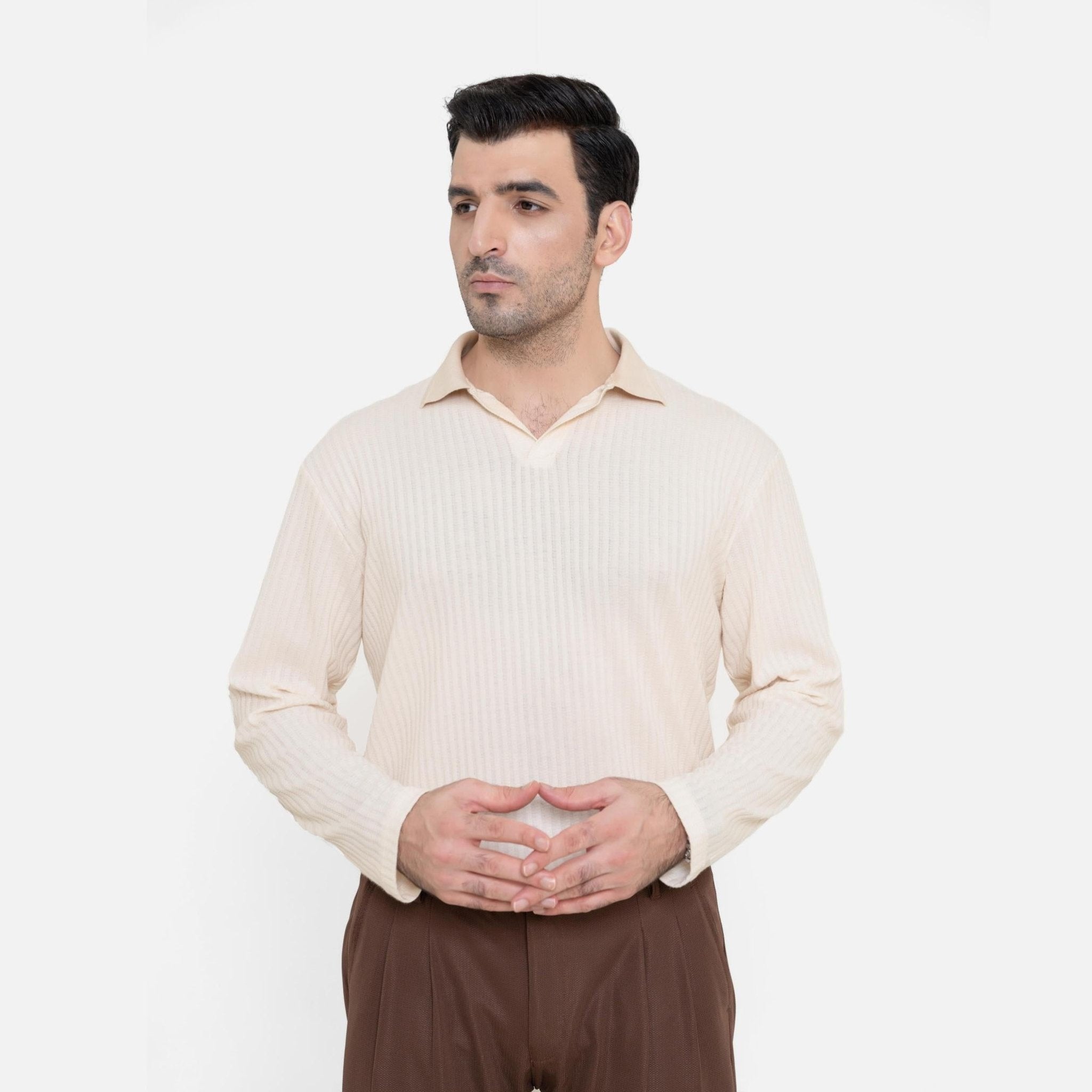 Full Sleeve Royal Creamy Polo Shirt - KnittedshirtGarderobe Clothing