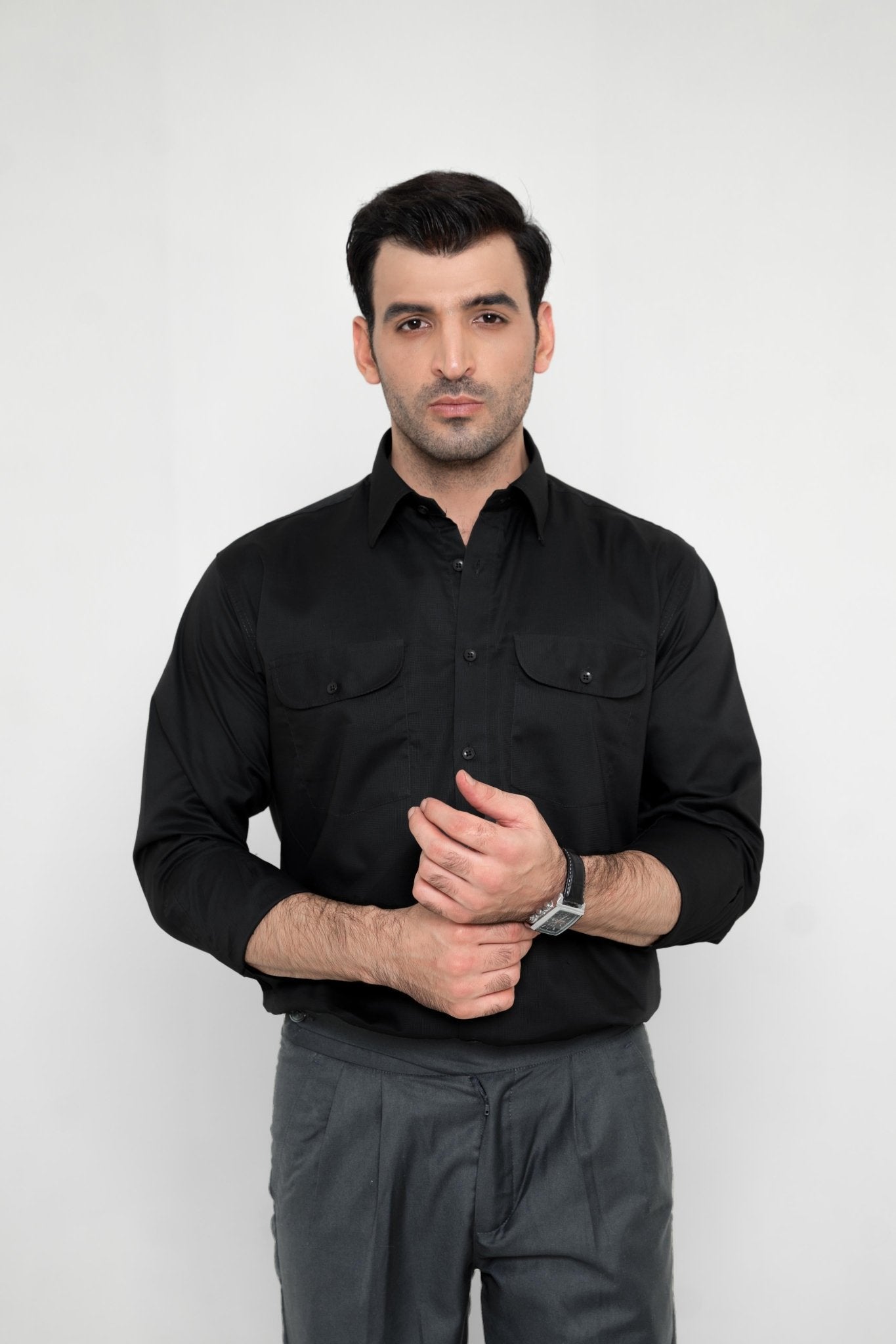 IMPERIAL BLACK – Italian Collar Double Pocket ShirtshirtGarderobe Clothing