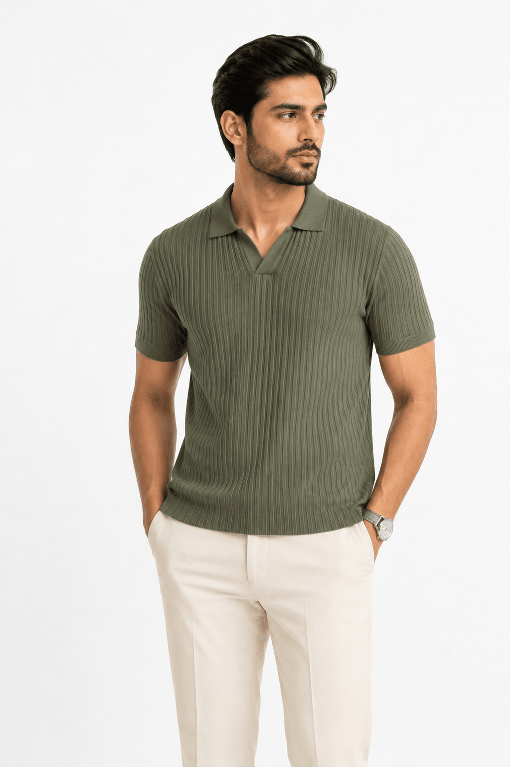 Olive Mist - Knitted Polo ShirtHalf Sleeves PoloGarderobe Clothing