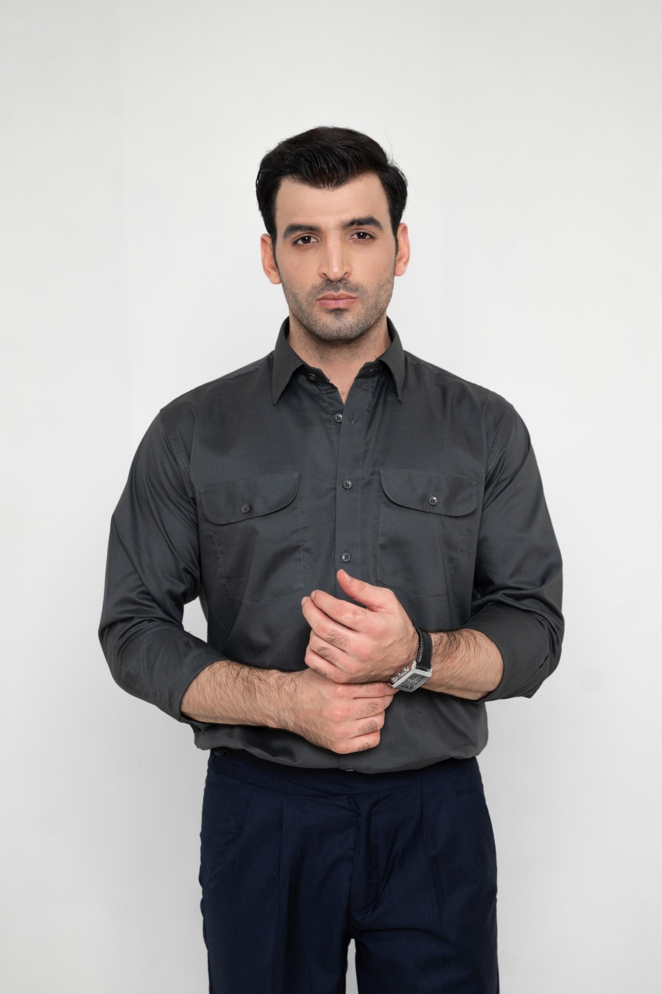 REGAL TEXTURED CHARCOAL – Italian Collar Double Pocket ShirtshirtGarderobe Clothing