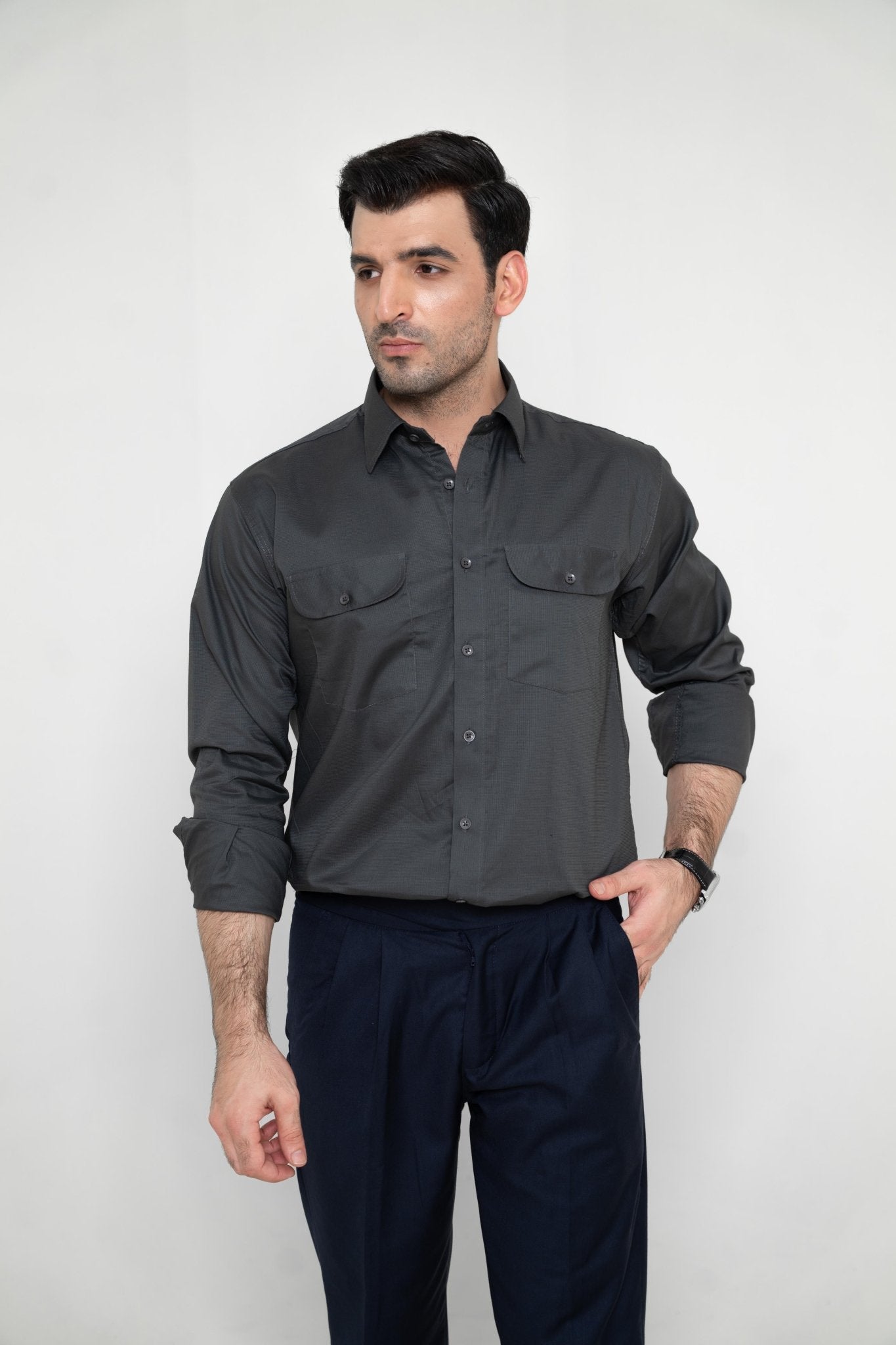 REGAL TEXTURED CHARCOAL – Italian Collar Double Pocket ShirtshirtGarderobe Clothing