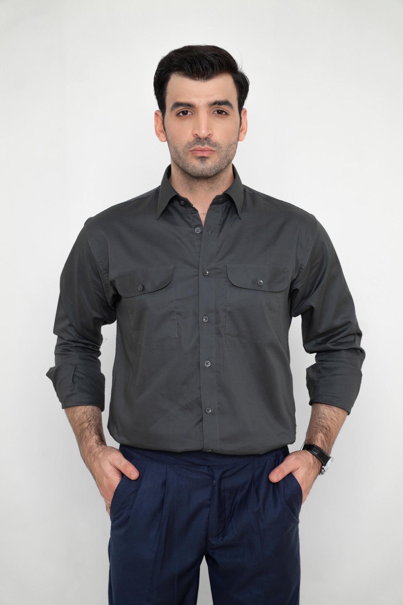 REGAL TEXTURED CHARCOAL – Italian Collar Double Pocket ShirtshirtGarderobe Clothing