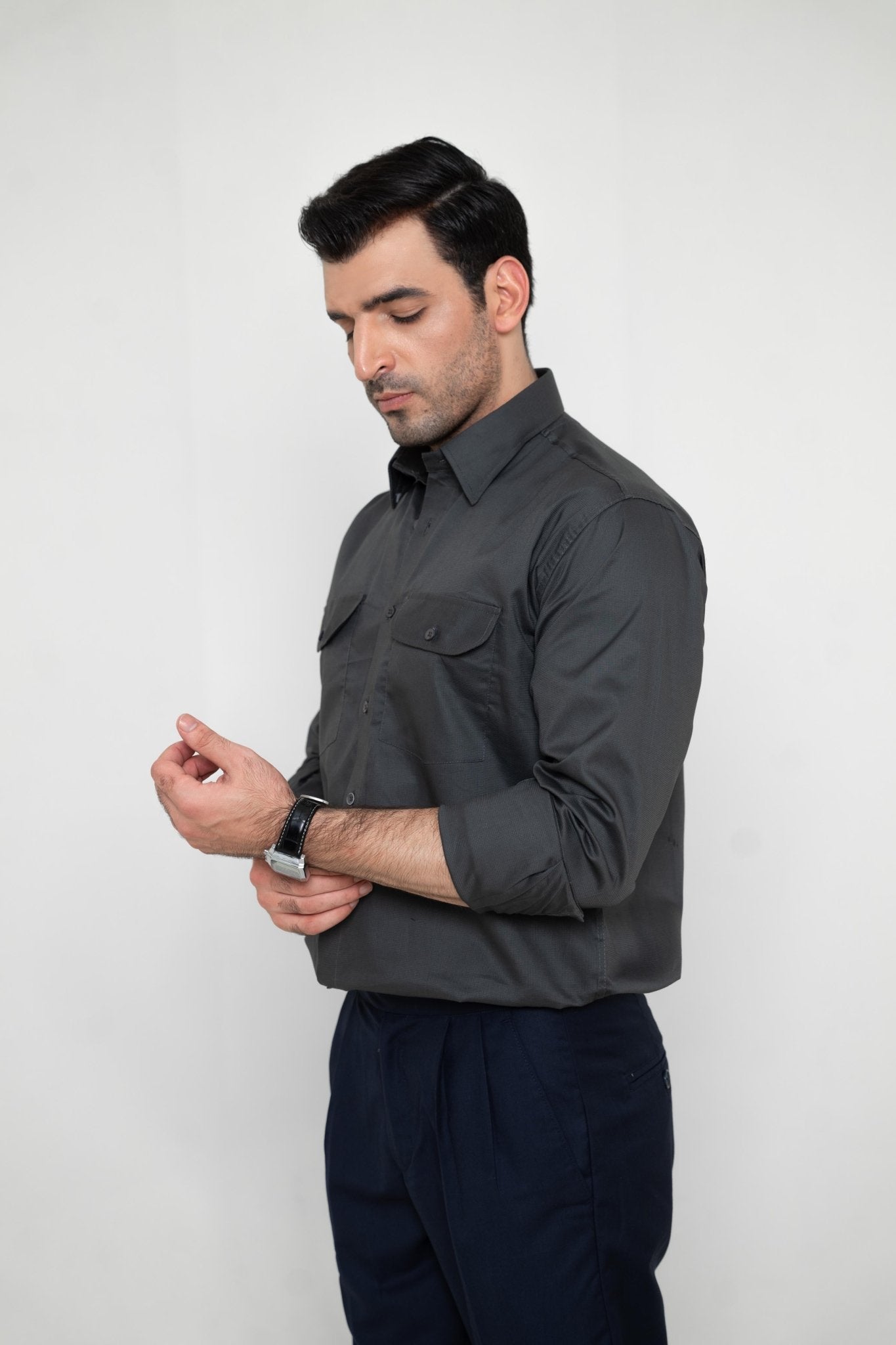 REGAL TEXTURED CHARCOAL – Italian Collar Double Pocket ShirtshirtGarderobe Clothing