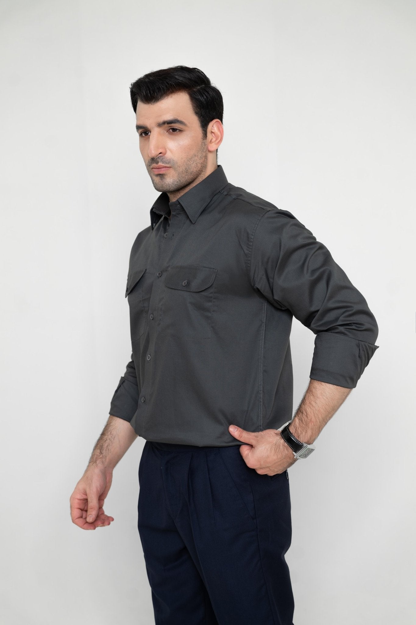 REGAL TEXTURED CHARCOAL – Italian Collar Double Pocket ShirtshirtGarderobe Clothing